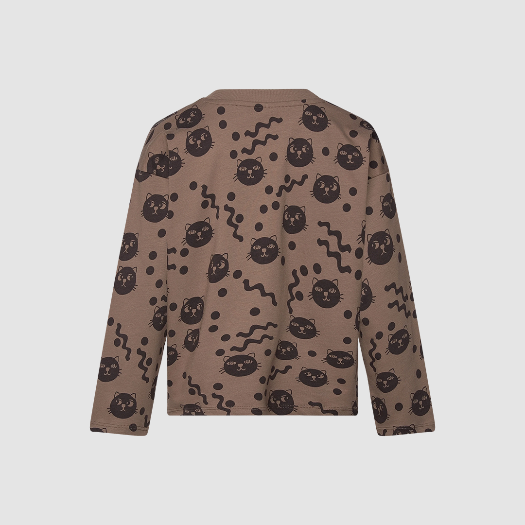 Squiggly Cats Aop LS T-Shirt Brown