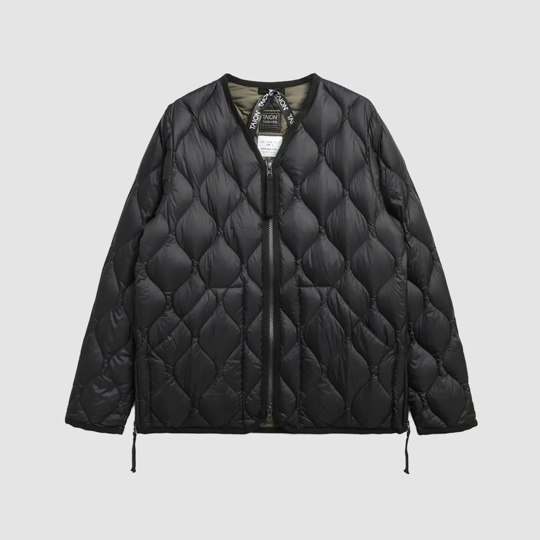 Military W-Zip V Neck Down Jacket Black