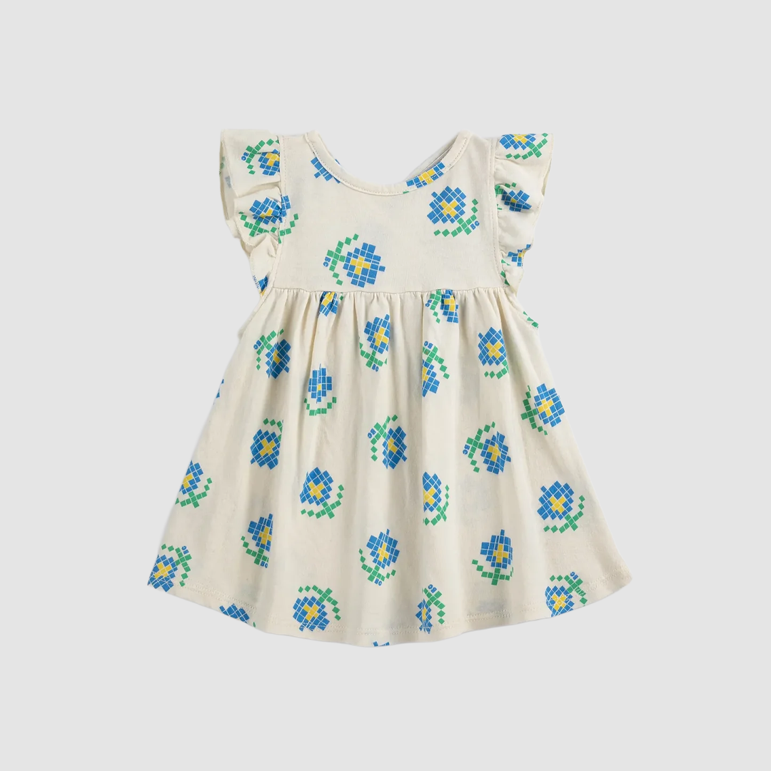 Pixel Flowers All Over Ruffled Dress