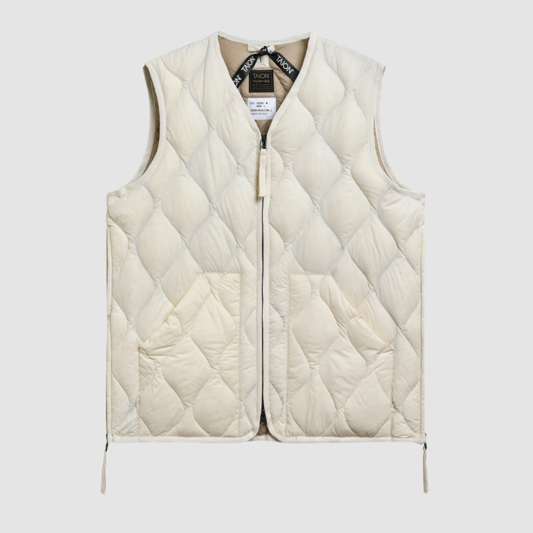 Military V Neck W-Zip Down Vest Off White