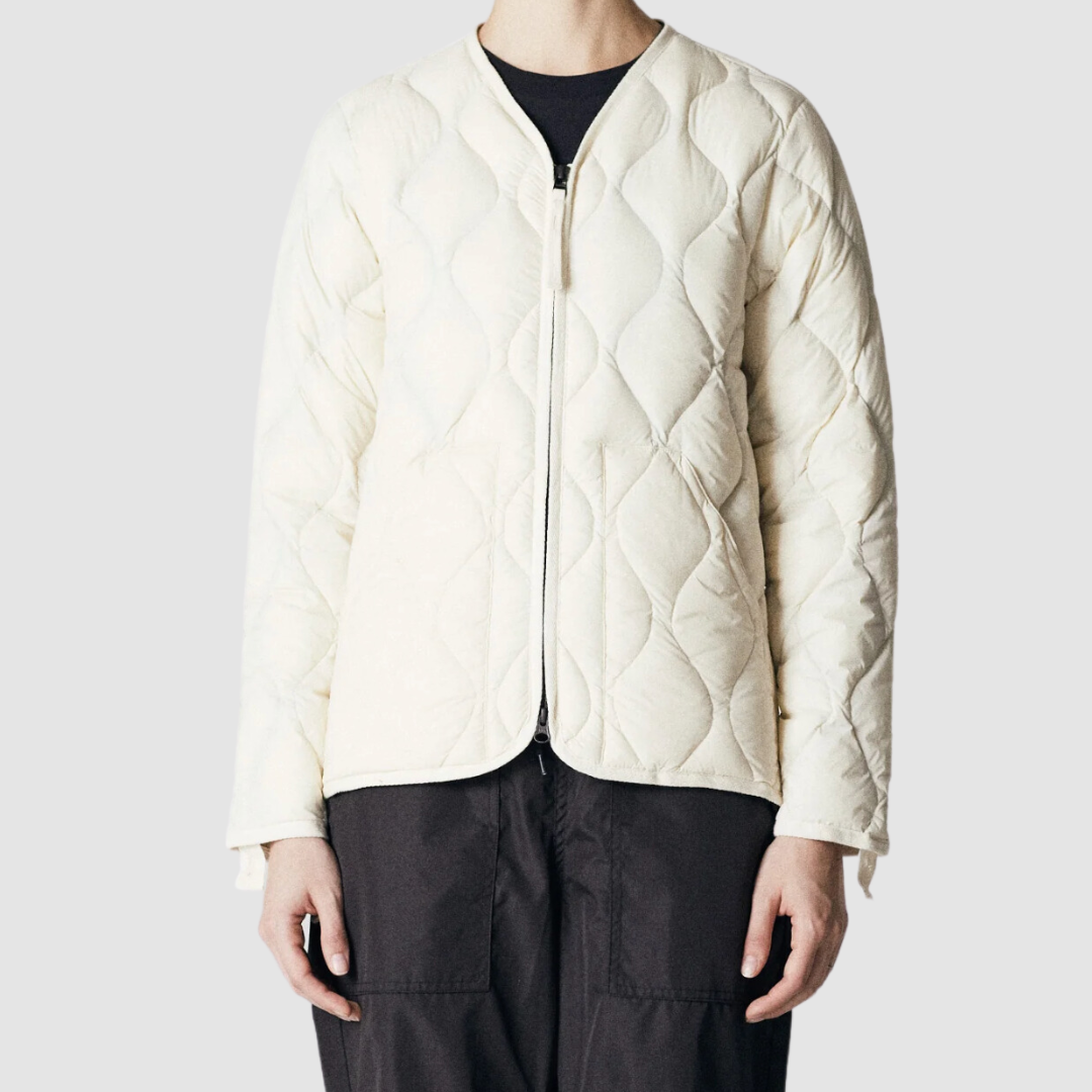 Military W-Zip V Neck Down Jacket Off White