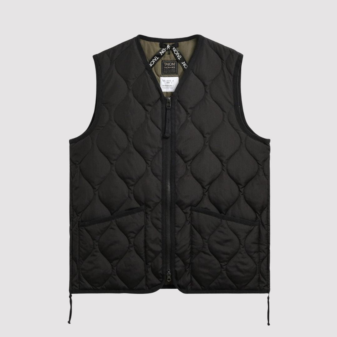 Military Zip V-Neck Down Vest Black