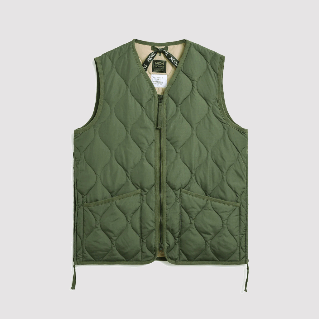 Military Zip V-Neck Down Vest Olive