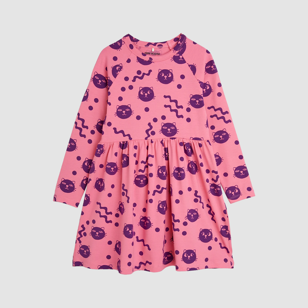 Squiggly Cats Aop LS Dress Pink