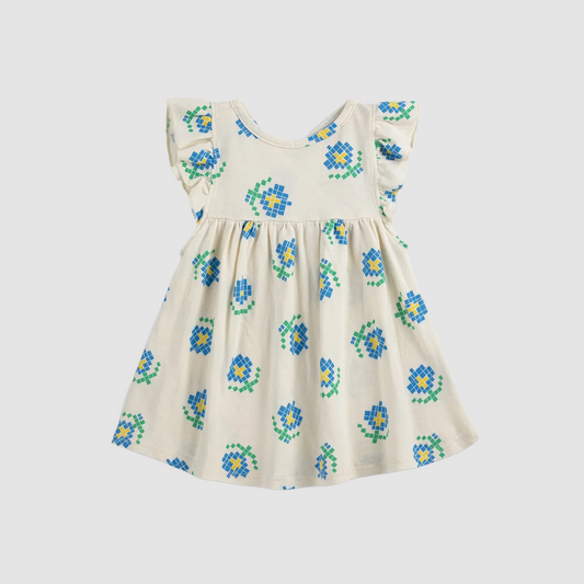 Pixel Flowers All Over Ruffled Dress