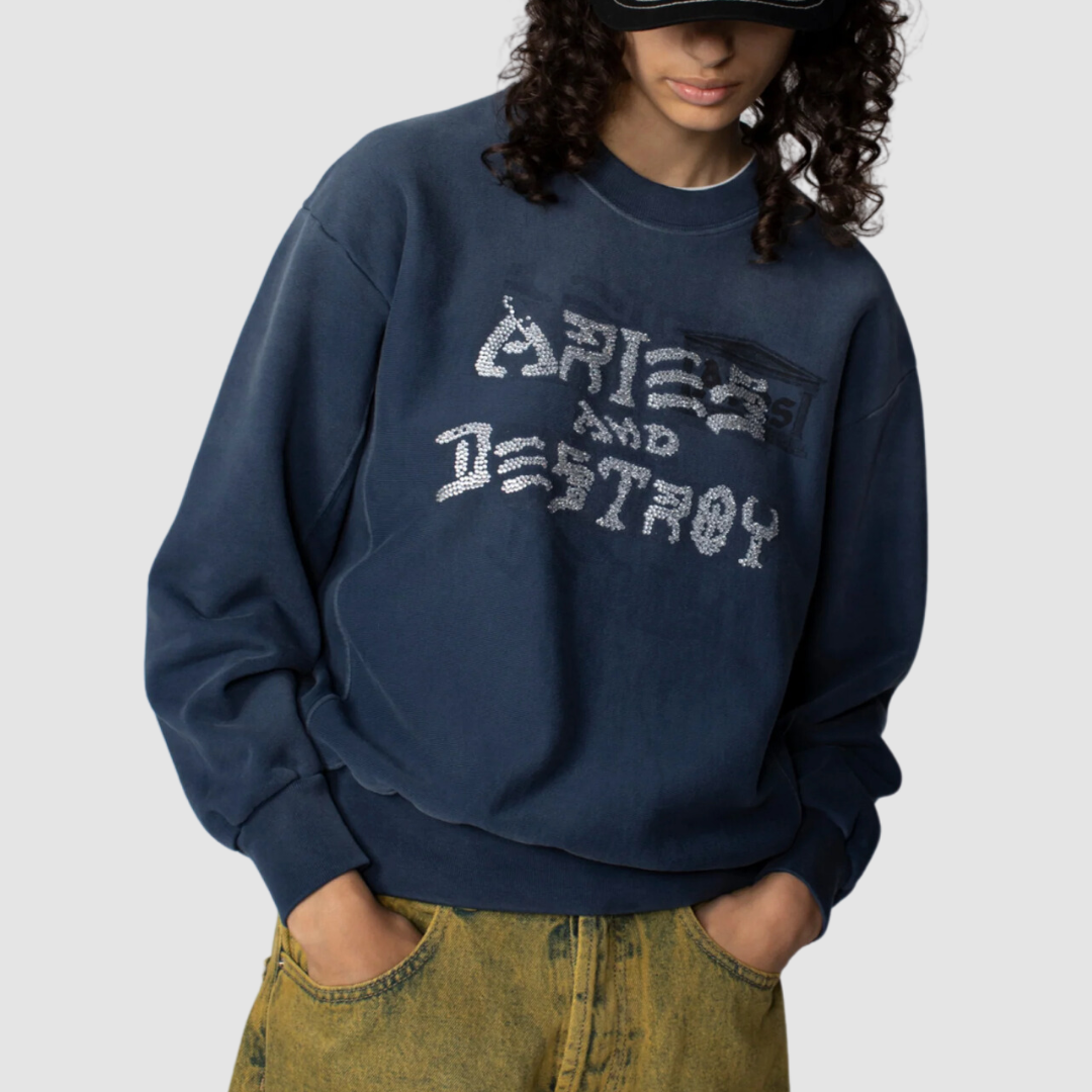 Aged Aries And Destroy Diamante Sweat Navy