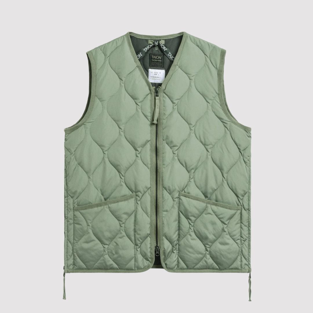 Military V Neck W-Zip Down Vest D. Sage Green